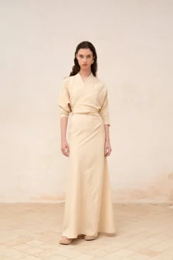 Amelia, long beige linen and silk dress