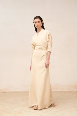 Amelia, long beige linen and silk dress