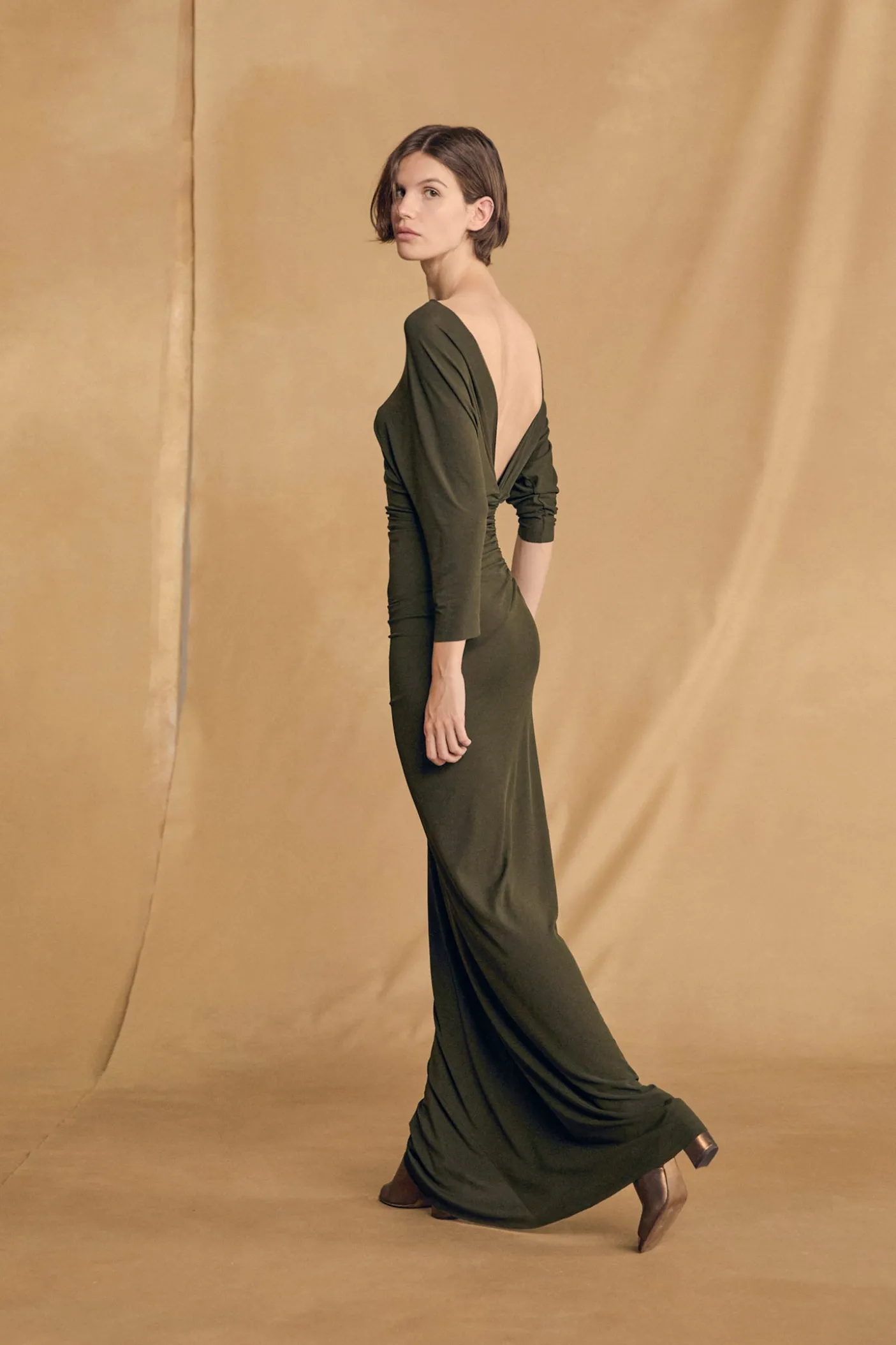 Anghela, dark green draped dress