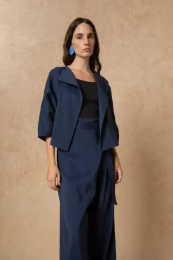 Arco, chaqueta en lino y cupro azul intenso