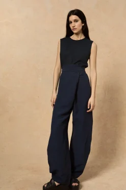Arco, pantalon en lino y cupro azul intenso
