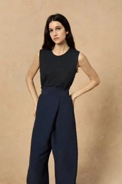 Arco, pantalon en lino y cupro azul intenso