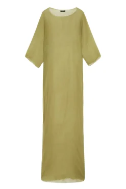 Aurora, vestido largo en seda pistacho