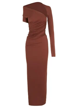 Babar, vestido asimetrico en cupro stretch granate