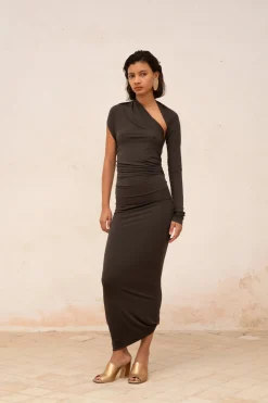 Babar, vestido asimetrico en cupro stretch grafito