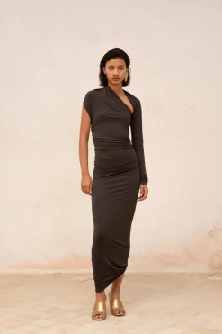 Babar, vestido asimetrico en cupro stretch grafito