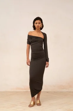 Babar, vestido asimetrico en cupro stretch grafito
