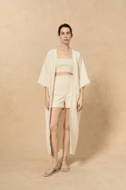 Bambina, long coat in ivory linen
