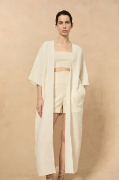 Bambina, long coat in ivory linen