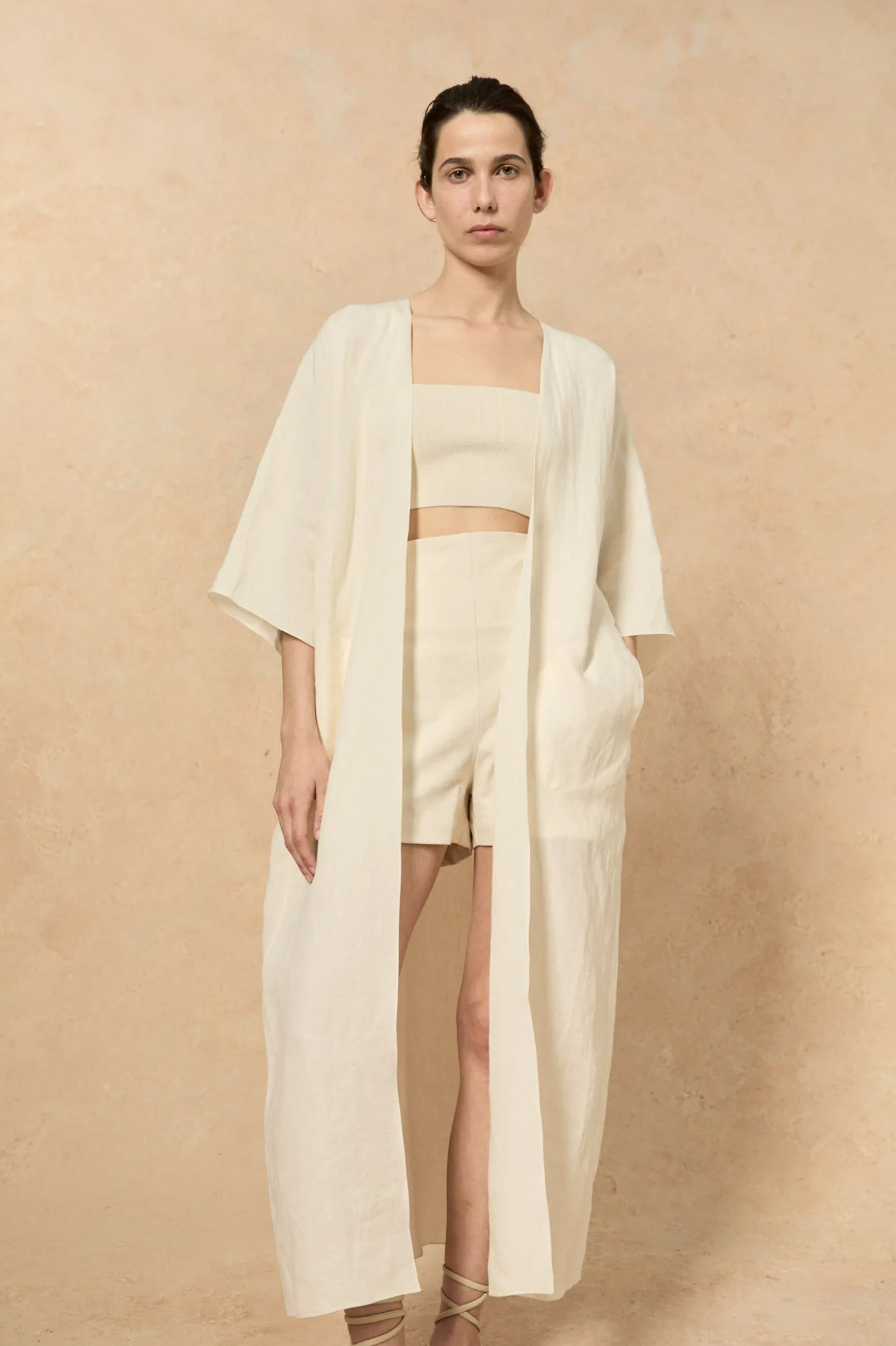 Bambina, long coat in ivory linen