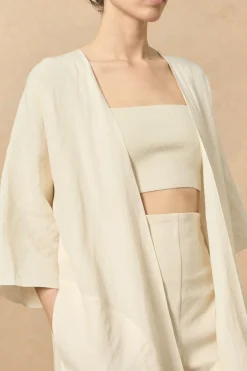 Bambina, long coat in ivory linen