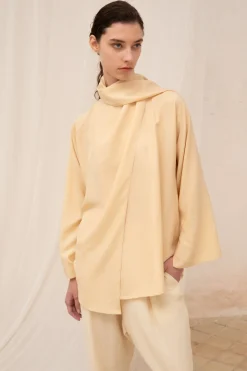 Clara, beige silk wrap blouse