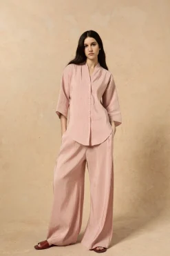 Cleo, pantalon en lino y seda a rayas rojas