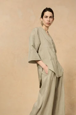 Cleo, pantalon en lino y seda a rayas verdes