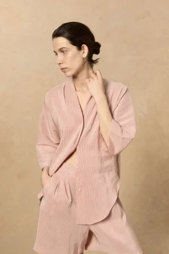 Cleo, red striped linen and silk shirt