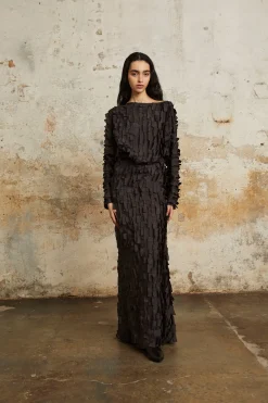 Epica, long silk skirt with a feathered effect