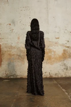 Epica, long silk skirt with a feathered effect