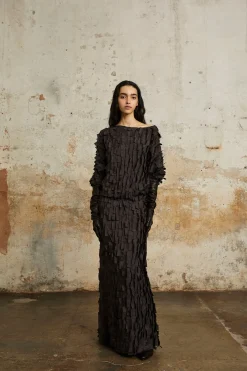 Epica, long silk skirt with a feathered effect