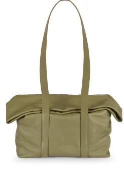 Folded, green leather bag