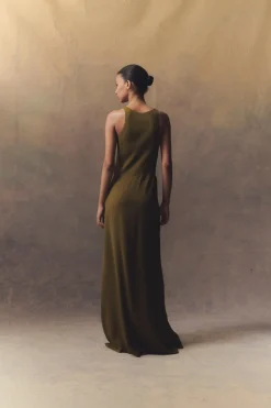 Georgia, long dress in moss green silk