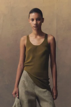 Georgia, moss green silk top