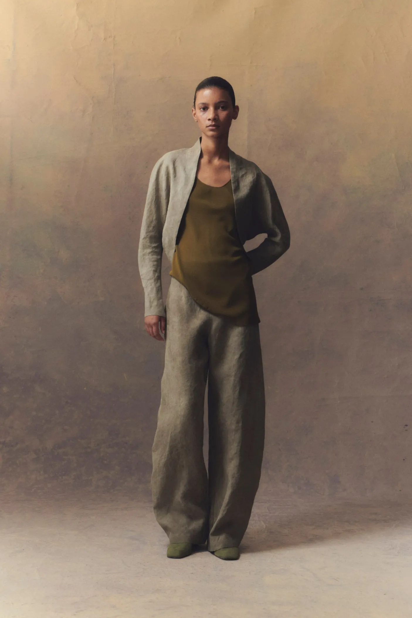 Georgia, moss green silk top