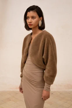 Hair, short jacket in brown wool and silk