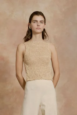 Hanami, beige cotton knit top