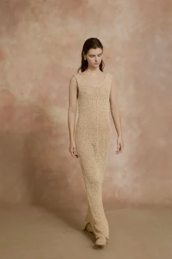 Hanami, long beige cotton knit dress