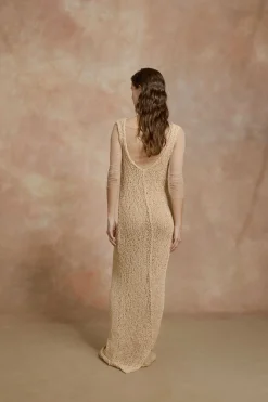 Hanami, long beige cotton knit dress