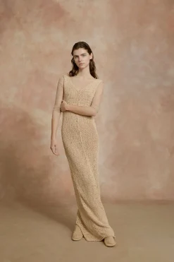 Hanami, long beige cotton knit dress