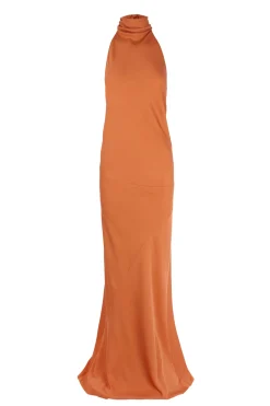 Irena, orange silk crepe halter dress