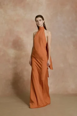 Irena, orange silk crepe halter dress