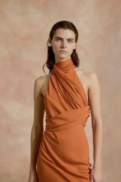 Irena, orange silk crepe halter dress