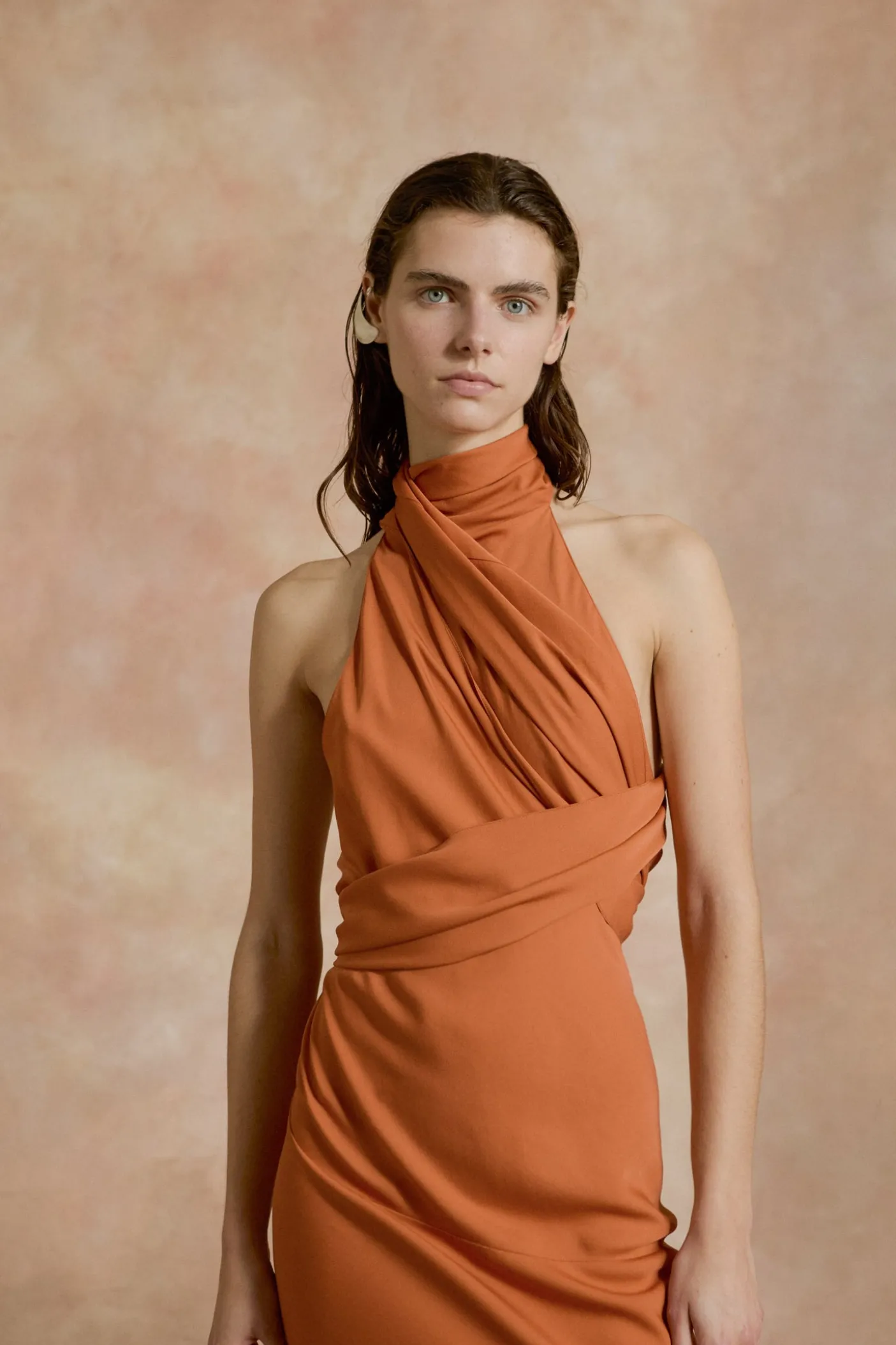 Irena, orange silk crepe halter dress