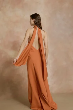 Irena, orange silk crepe halter dress