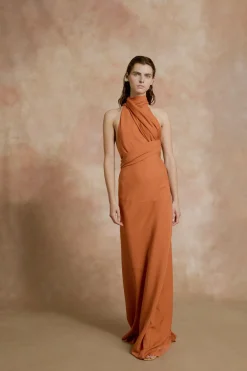 Irena, orange silk crepe halter dress