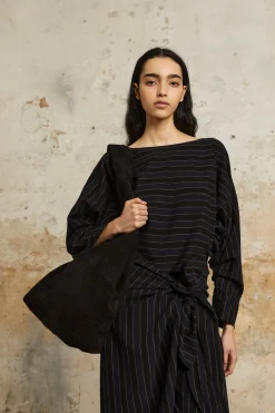 Marcel, blue striped skirt in linen and wool