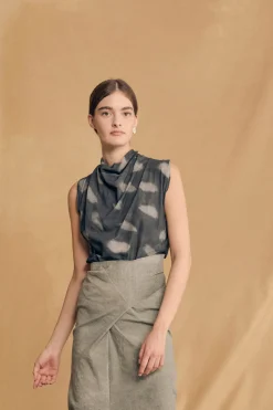 Menta, mint print stretch silk top