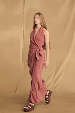 Mona, strawberry linen and silk dress