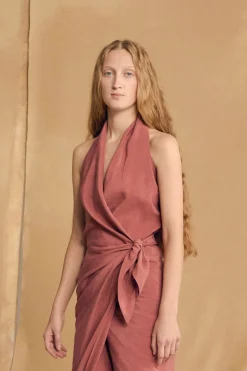 Mona, strawberry linen and silk dress
