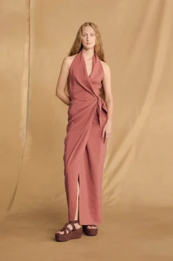 Mona, strawberry linen and silk dress