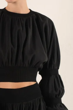 Morgan, crop top en lino y seda gris humo
