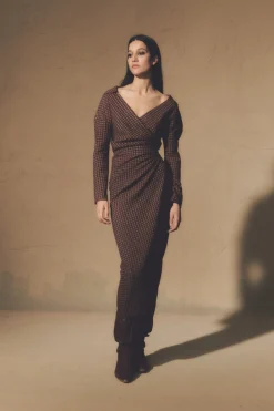 Norima, burgundy checked wrap dress
