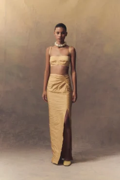 Peaches, long draped pencil skirt