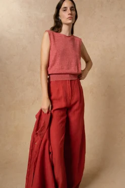Rinen, chaleco de punto de lino rojo oscuro