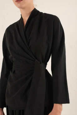 Simona, gray linen and silk wrap jacket