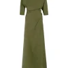 Tanami, long dress in jungle green linen and silk