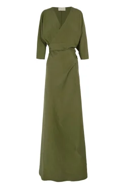 Tanami, long dress in jungle green linen and silk