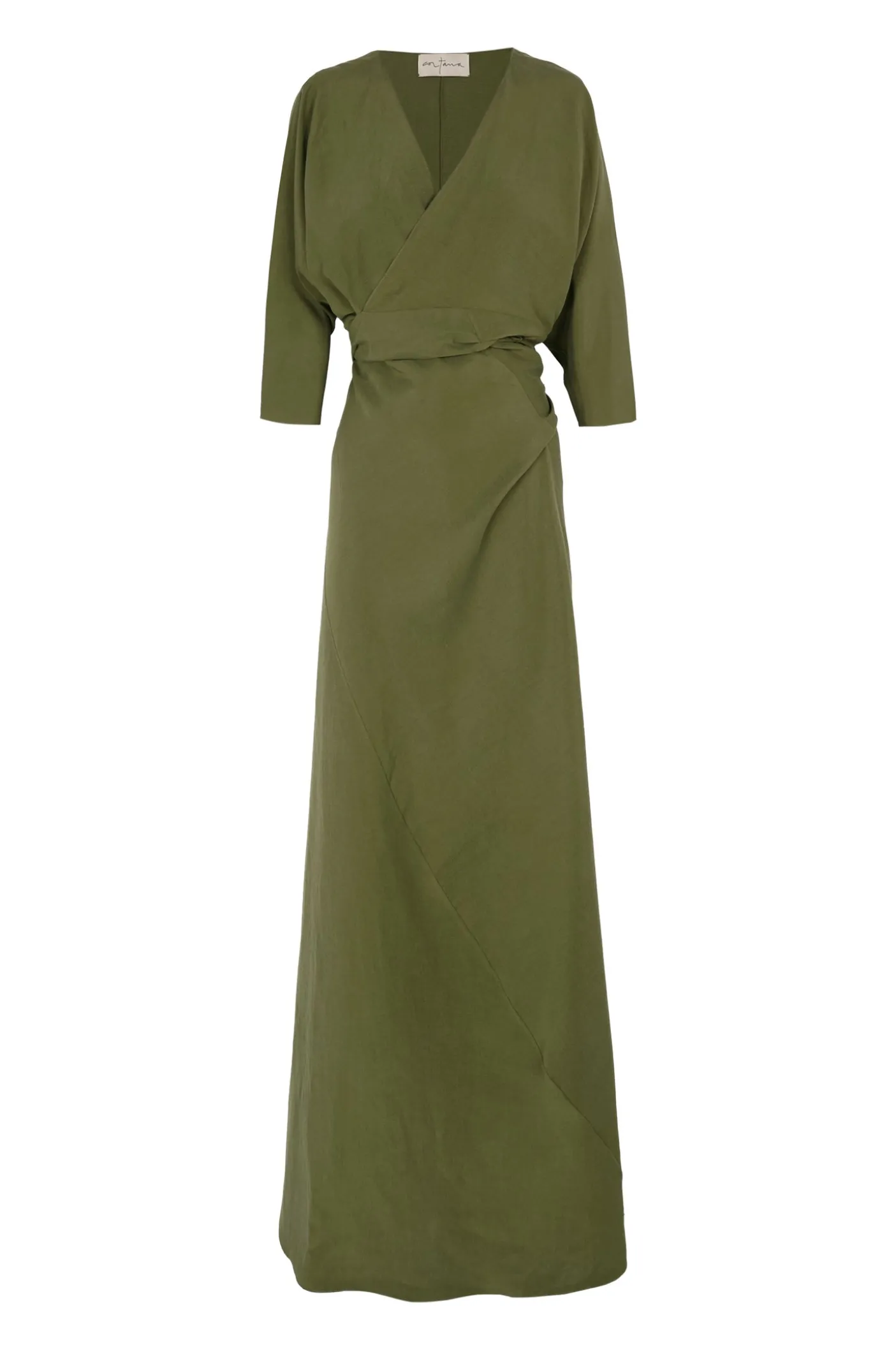 Tanami, long dress in jungle green linen and silk